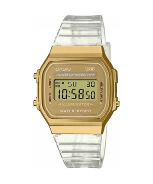 Reloj CASIO Vintage Unisex - Iconic Series Caja Dorada y Correa Transparente - A168XESG-9AEF