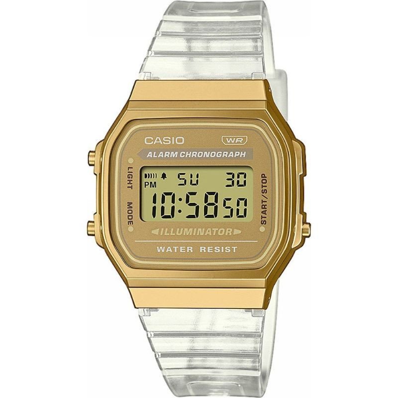 Reloj CASIO Vintage Unisex - Iconic Series Caja Dorada y Correa Transparente - A168XESG-9AEF