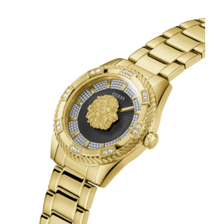 Reloj GUESS Beast Hombre - Brazalete de Acero IP Dorado y Circonitas - Esfera Negra con León Dorado | 5 ATM | GW0783G1
