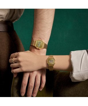 Reloj CASIO Vintage Unisex - Digital Iconic Mini Acero IP Dorado - Esfera Dorada con Acentos Verdes | LA680WEGV-9AEF