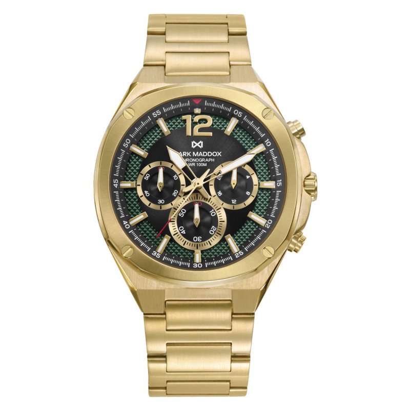 Reloj MARK MADDOX Mission Hombre - Cronógrafo Brazalete de Acero IP Dorado y Esfera Negra/Verde | 10 ATM | HM1021-55