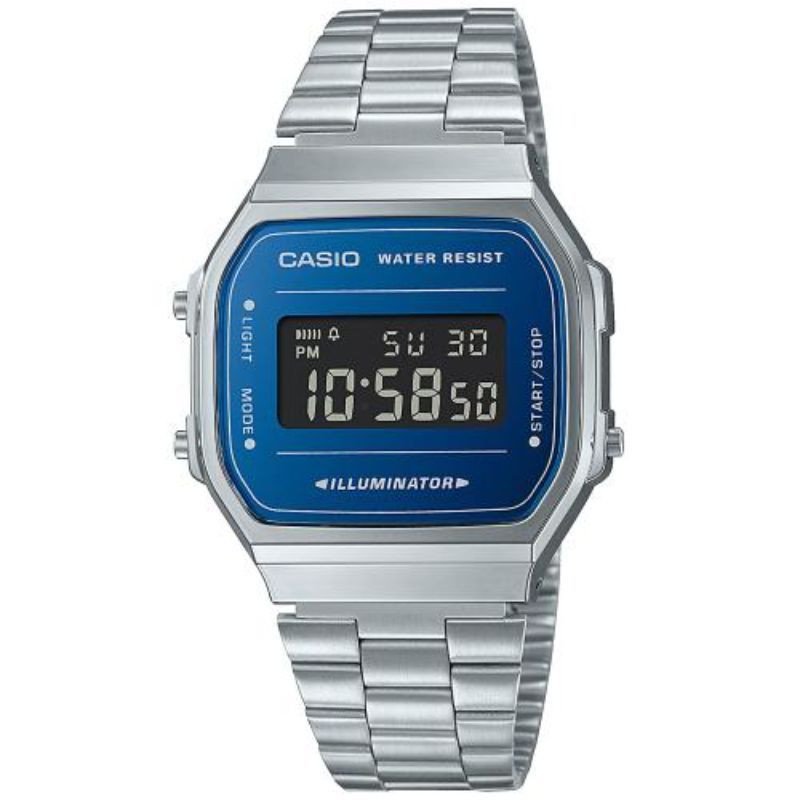 Reloj CASIO Vintage Unisex - Digital Iconic Brazalete de Acero y Caja Rectangular - Esfera Azul | A168WEM-2BEF