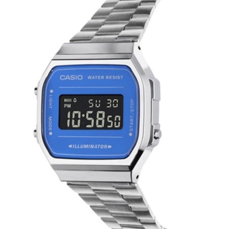 Reloj CASIO Vintage Unisex - Plateado con Esfera Azul Digital Iconic Series - A168WEM-2BEF