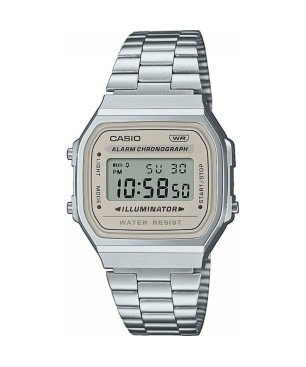 Reloj CASIO Vintage Para Mujer - Correa de Acero con Esfera Beige Digital Iconic Series - A168WA-8AYES