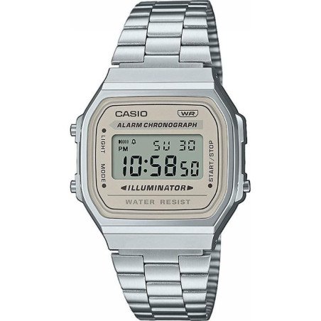 Reloj CASIO Vintage Para Mujer - Correa de Acero con Esfera Beige Digital Iconic Series - A168WA-8AYES