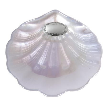 Concha Bautismal de Cristal con Efecto Nácar – Personalizable con Nombre y Fecha | Aplique Plata Bilaminada Liso Greca 09314-4S