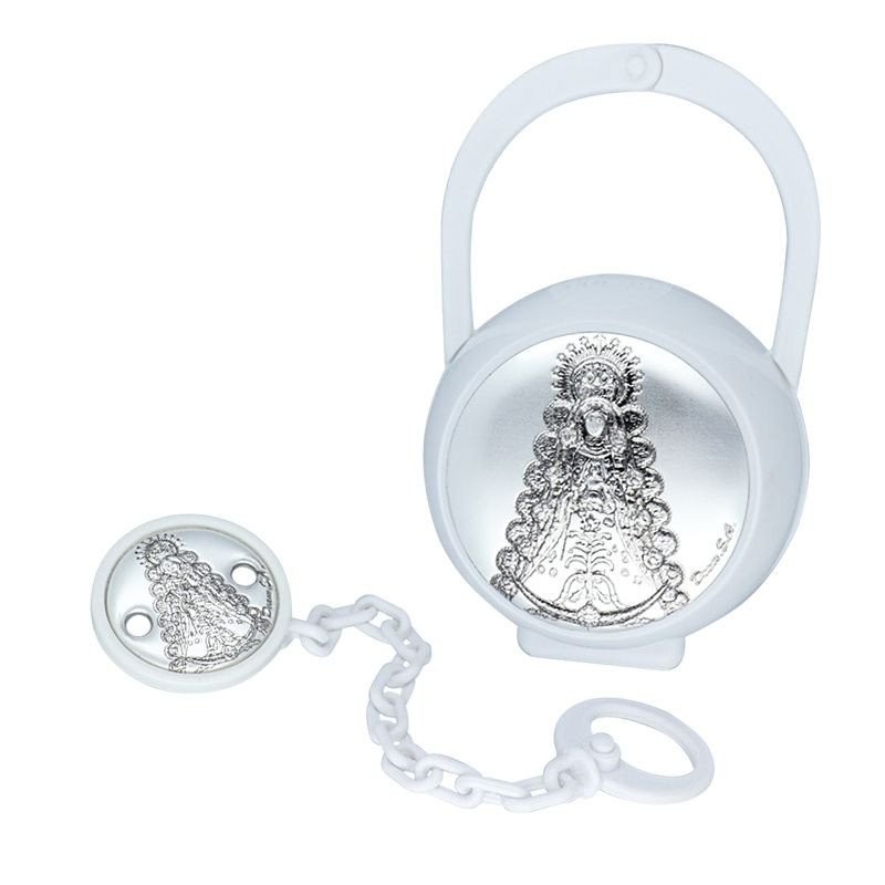 Pinza Chupete y Portachupete Blanco – Aplique de Plata Laminada Virgen del Rocío | V0701-B Pinza Chupete y Portachupete Blanco – Aplique de Plata Laminada Virgen del Rocío | V0701-B