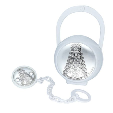 Pinza Chupete y Portachupete Blanco – Aplique de Plata Laminada Virgen del Rocío | V0701-B