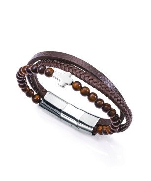 Pulsera VICEROY Para Hombre - Piel Marrón con Cruz de Acero y Piedras Naturales - Ojo de tigre - 14124P01011