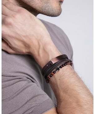Pulsera VICEROY Para Hombre - Piel Marrón con Cruz de Acero y Piedras Naturales - Ojo de tigre - 14124P01011