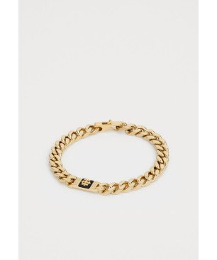 Pulsera GUESS Rebel Moon - Cadena de Eslabones Acero e IP Dorado y Placa Central con Flor de Lis sobre Negro  | JUMB05066JWYGBKS