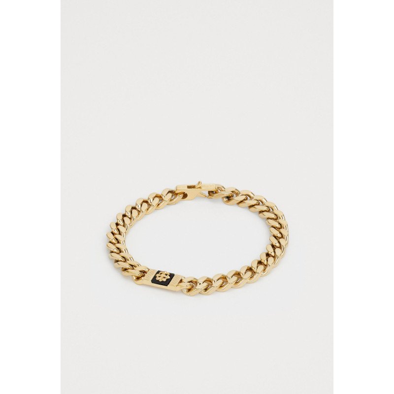 Pulsera GUESS Rebel Moon - Cadena de Eslabones Acero e IP Dorado y Placa Central con Flor de Lis sobre Negro  | JUMB05066JWYGBKS