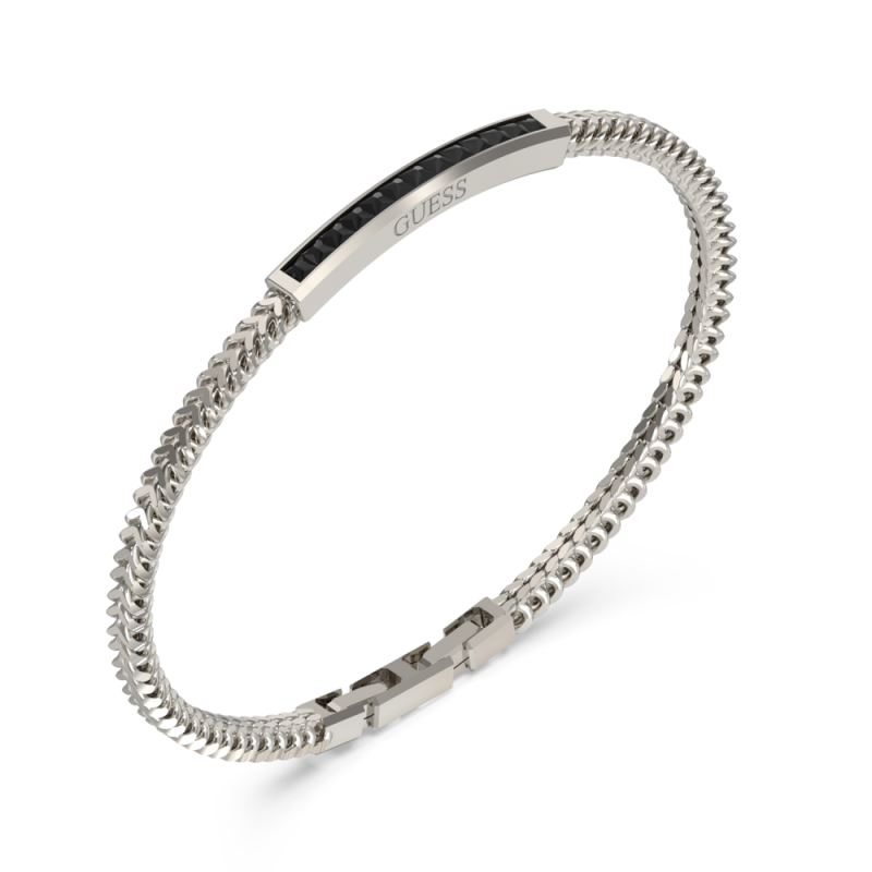 Pulsera GUESS Noir Para Hombre - Cadena Trenzada de Acero Plateada y Pieza Central con Piedras en Negro | JUMB05099JWSTS