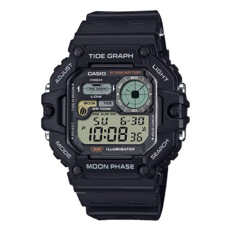 Reloj CASIO Digital Negro para Hombre Aventuras en el Mar – Gráfico de Mareas, Fases Lunares y Batería de 10 Años | 10 BAR