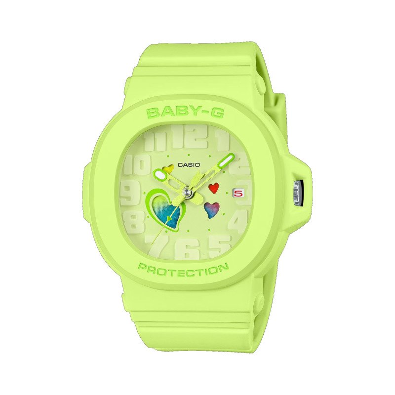 Reloj G-SHOCK BABY-G Esfera de Colores y Bisel Verde Lima/Amarillo Neón – Corazones Dinámicos | 10 BAR | Analógico| BGA-10-3AER