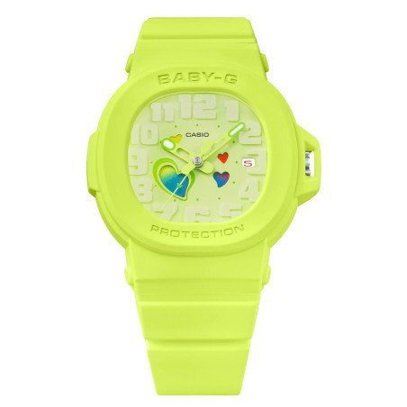 Reloj G-SHOCK BABY-G Esfera de Colores y Bisel Verde Lima/Amarillo Neón – Corazones Dinámicos | 10 BAR | Analógico| BGA-10-3AER