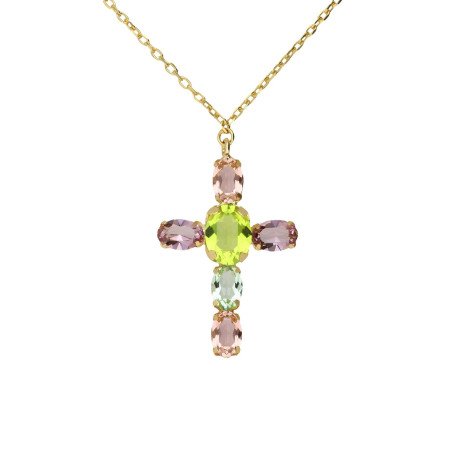 Collar Corto VICTORIA CRUZ Amalfi Para Mujer - Cruz con Cristales en Plata de Ley Multicolor - Baño Oro 18KT | A5435-MDG