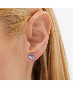 Pendientes VICTORIA CRUZ Basic Para Mujer - Cristal en Plata de Ley Light Sapphire Forma Círculo (7mm) - Baño Rodio | A3331-09HT