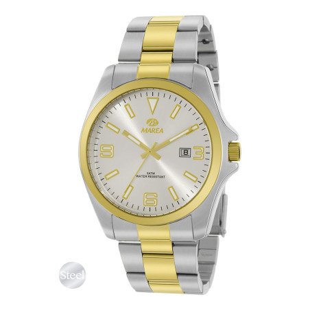 Reloj MAREA Hombre Analógico de Acero con Bisel Chapado en Oro, Esfera Plateada y Caja de 42 mm B36183/3