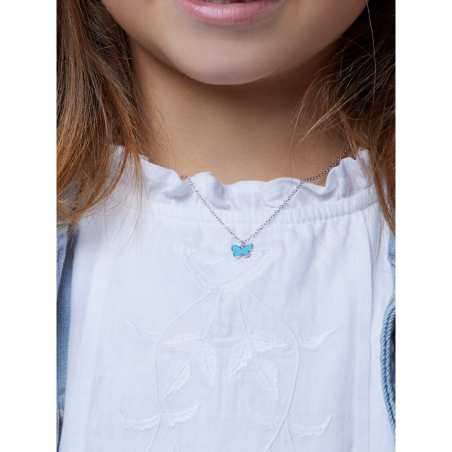 Collar MAREA Para Niña - Cadena con Motivo de Mariposa Azul - Plata de Ley en Baño Rodio | D02407/AG