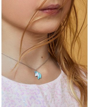 Collar MAREA Para Niña - Cadena con Motivo de Unicornio Azul  - Plata de Ley en Baño Rodio | D02407/AJ