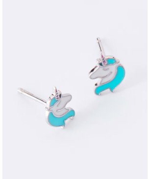 Pendientes MAREA Girls de Plata de Ley con Unicornio de Esmalte Azul Turquesa y Cierre de Presión D02401/AM
