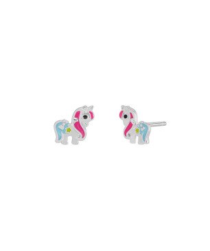Pendientes MAREA Para Niña - Ponis en Plata de Ley Baño Rodio - Esmalte Azul, Rosa y Verde | D03001/BS