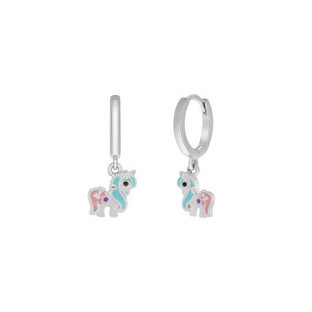 Argollas MAREA Para Niña - Pendientes de Poni en Plata de Ley Baño Rodio - Esmalte Azul, Rosa y Morado | D03001/CD
