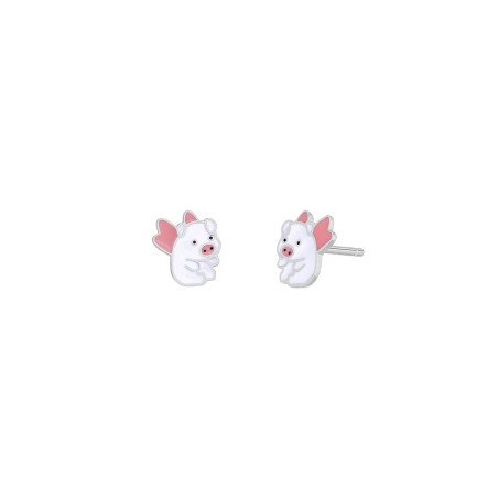 Pendientes MAREA Para Niña - Cerditos en Plata de Ley Baño Rodio - Esmalte Blanco y Rosa | D03001/BP