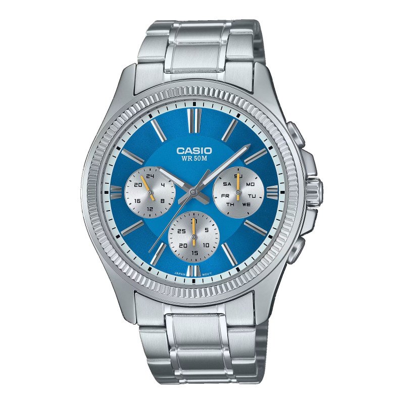 Reloj CASIO Para Hombre - Cronógrafo con Calendario - Correa de Acero y Esfera Azul Intenso - 5 ATM - MTP-1375PD-2A2VEF