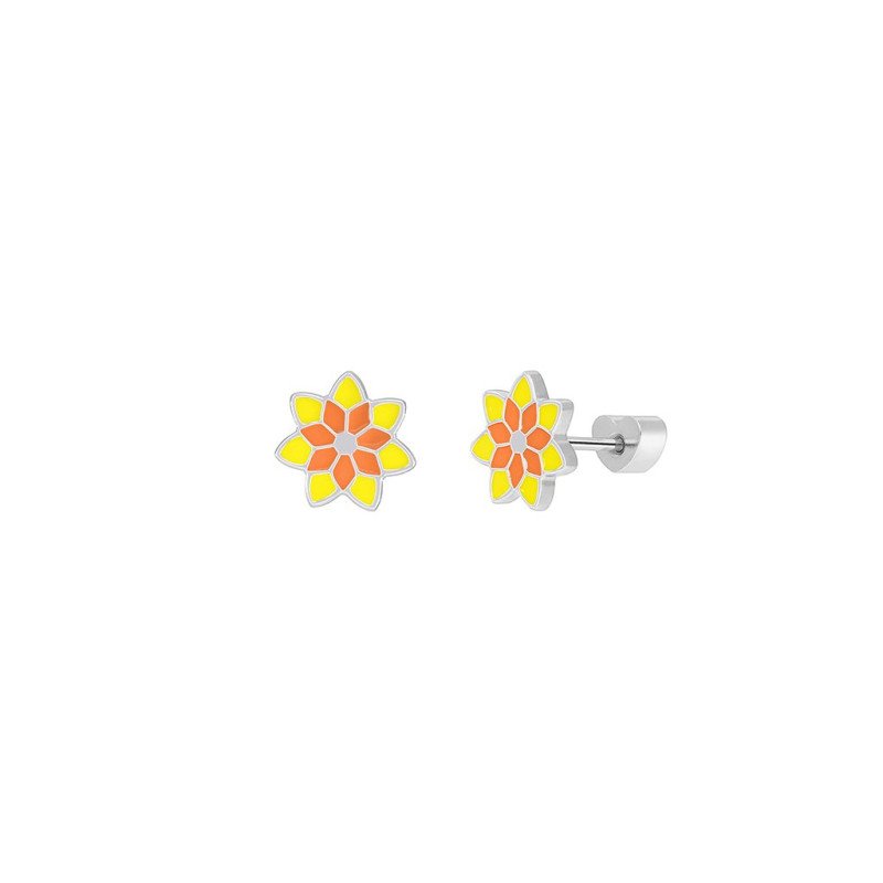 Pendientes MAREA Girls de Plata de Ley con Flor Amarilla Bicolor Anaranjada y Cierre de Rosca D04001/AV