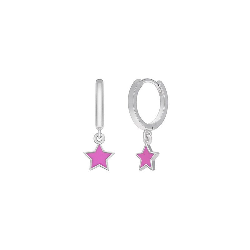 Pendientes MAREA Girls de Plata de Ley Aro con Estrella de Esmalte Rosa Fucsia y Cierre Huggy D02401/AB