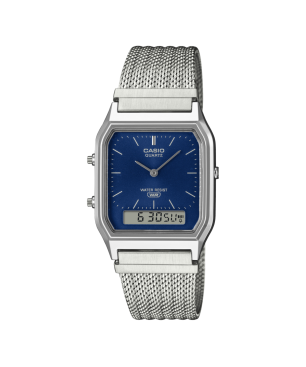 Reloj CASIO Vintage Unisex - Analógico-Digital Correa de Malla Plateada y Esfera Azul Edgy Collection - AQ-230EM-2AEF
