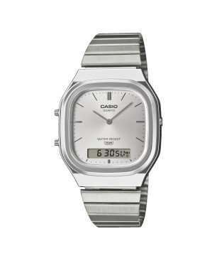 Reloj CASIO Analógico-Digital UNISEX Vintage con Esfera Plateada y Brazalete de Acero AQ-240E-7AEF