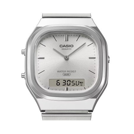 Reloj CASIO Analógico-Digital UNISEX Vintage con Esfera Plateada y Brazalete de Acero AQ-240E-7AEF