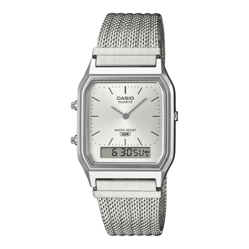 Reloj CASIO Vintage Unisex - Analógico-Digital Correa de Malla Plateada y Esfera Blanca Edgy Collection - AQ-230EM-7AEF Reloj CASIO Vintage Unisex - Analógico-Digital Correa de Malla Plateada y Esfera Blanca Edgy Collection - AQ-230EM-7AEF