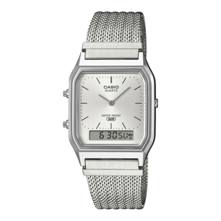 Reloj CASIO Vintage Unisex - Analógico-Digital Correa de Malla Plateada y Esfera Blanca Edgy Collection - AQ-230EM-7AEF