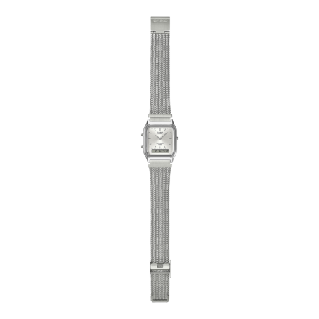 Reloj CASIO Vintage Unisex - Analógico-Digital Correa de Malla Plateada y Esfera Blanca Edgy Collection - AQ-230EM-7AEF