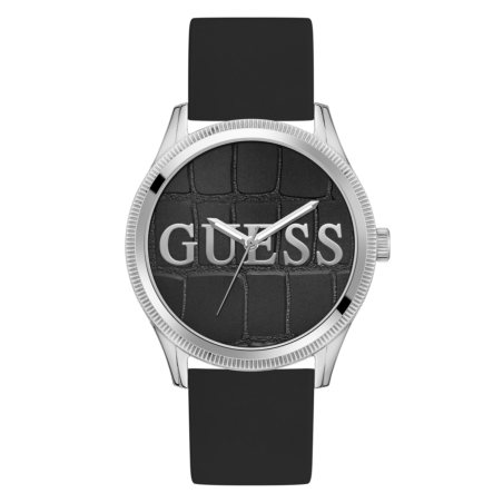 Reloj GUESS Reputation Para Hombre - 3 Agujas Esfera Negra con Textura y Logo - Correa Silicona Negra y Caja de Acero - GW0887G1