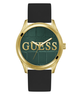 Reloj GUESS Reputation Para Hombre - 3 Agujas Esfera Verde con Textura - Correa Silicona Negra y Caja Acero IP Dorado - GW0887G2
