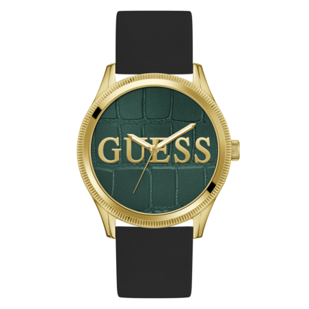 Reloj GUESS Reputation Para Hombre - 3 Agujas Esfera Verde con Textura - Correa Silicona Negra y Caja Acero IP Dorado - GW0887G2