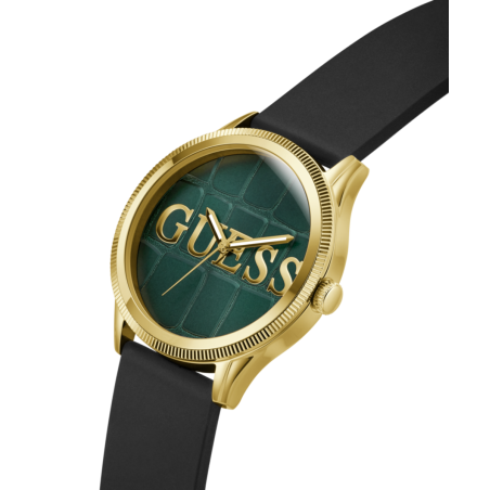 Reloj GUESS Reputation Hombre - Brazalete de Silicona Negra y Caja Acero IP Dorado - Esfera Verde con Textura | 3 ATM | GW0887G2