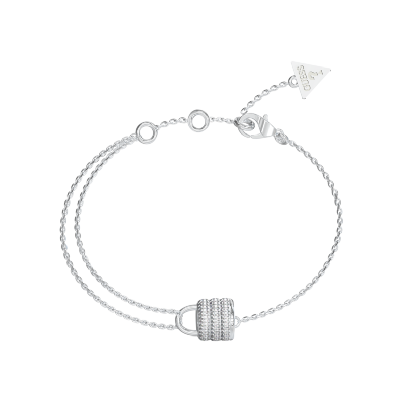 Pulsera GUESS de Acero Plateado con Cadena Doble y Candado con Pedrería JUBB05418JWRHS