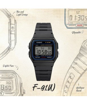 Reloj CASIO Unisex - Classic F-91 Series Digital con Correa de Silicona Negra - Pantalla Retroiluminada - F-91W-1YEG