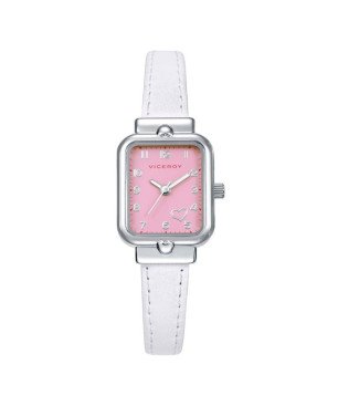 Reloj y Pulsera VICEROY Para Niña - Correa Piel Blanca Caja de Acero Esfera Rosa - Pulsera Plata de Ley Cordón Rosa - 401330-75