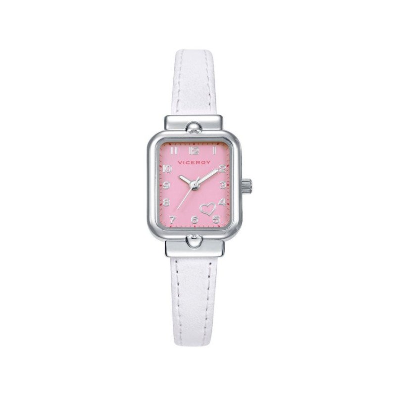 Reloj y Pulsera VICEROY Para Niña - Correa Piel Blanca Caja de Acero Esfera Rosa - Pulsera Plata de Ley Cordón Rosa - 401330-75