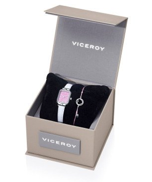 Reloj y Pulsera VICEROY Para Niña - Correa Piel Blanca Caja de Acero Esfera Rosa - Pulsera Plata de Ley Cordón Rosa - 401330-75