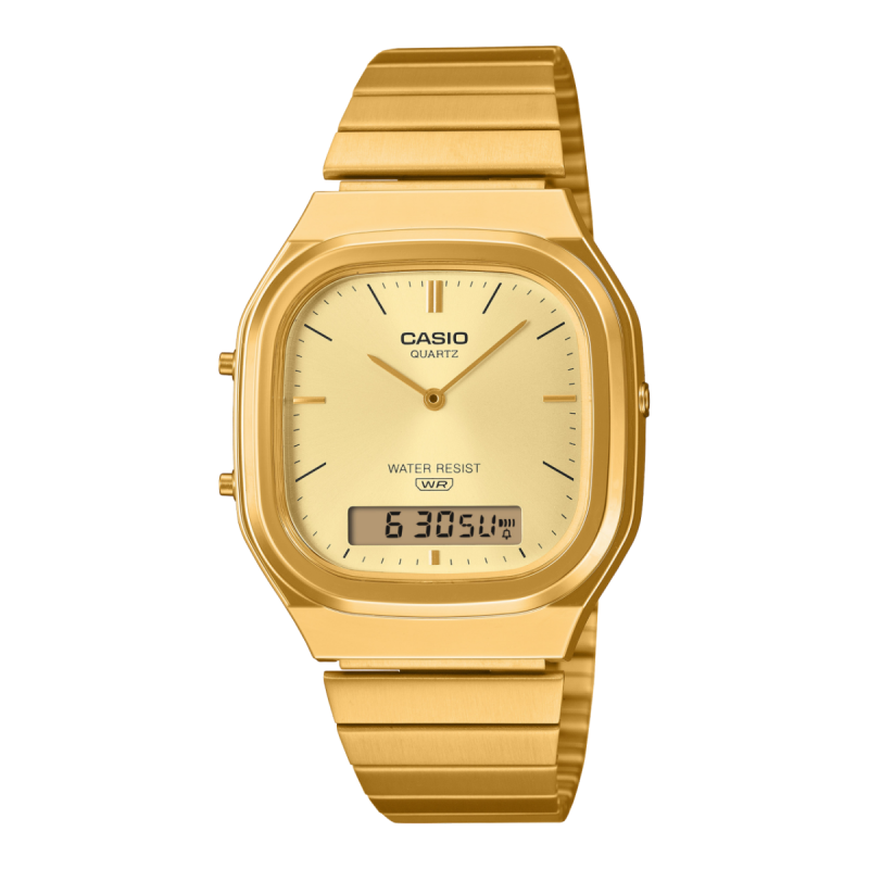 Reloj CASIO Vintage Unisex - Correa y Esfera de Acero IP Dorado - Pantalla Analógico-Digital - AQ-240EG-9AEF