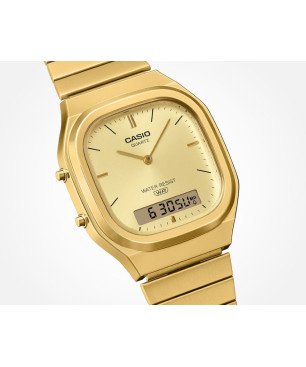 Reloj CASIO Vintage Unisex - Correa y Esfera de Acero IP Dorado - Pantalla Analógico-Digital - AQ-240EG-9AEF