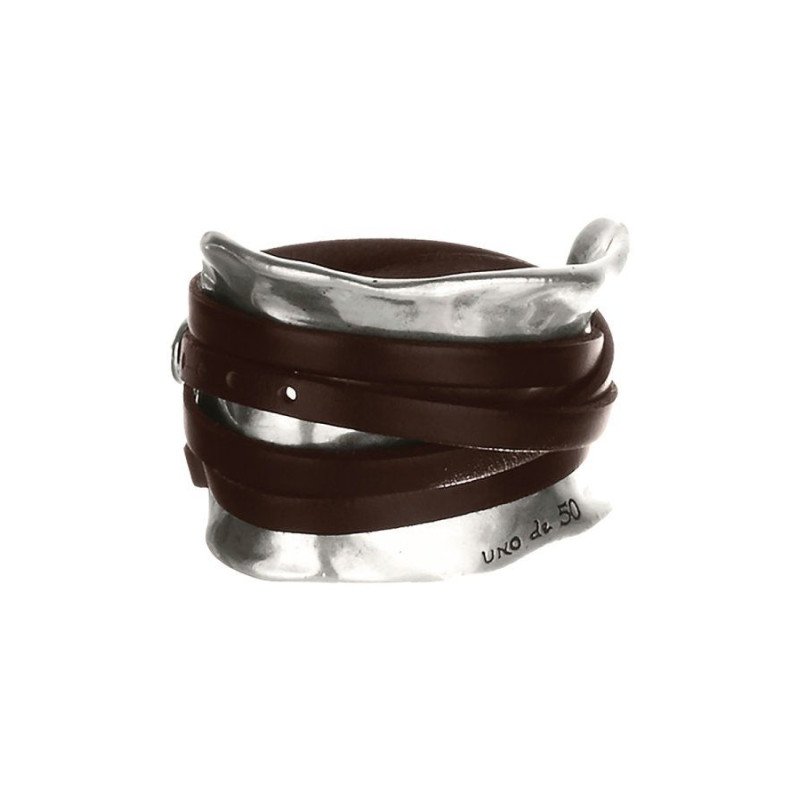 Pulsera UNOde50 - Diseño Irregular de Metal Bañado en Plata de Ley - Detalle Tiras de Cuero - TALLA L | PUL0227MARL Pulsera UNOde50 - Diseño Irregular de Metal Bañado en Plata de Ley - Detalle Tiras de Cuero - TALLA L | PUL0227MARL